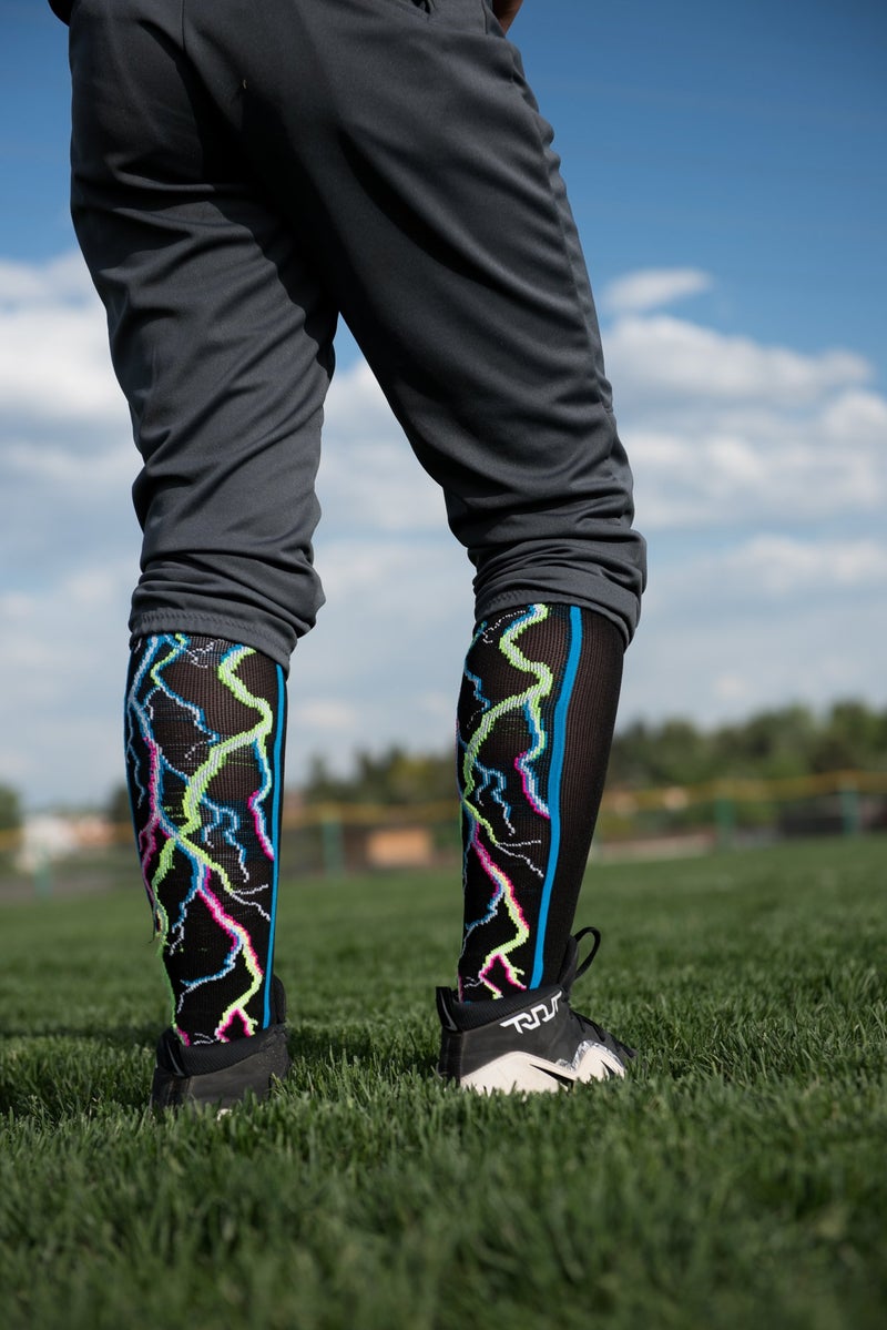 MadSportsStuff Crazy Socks with Lightning Bolts Electric Storm Over the Calf (Multi-Neon/Black, Medium) - Image 4
